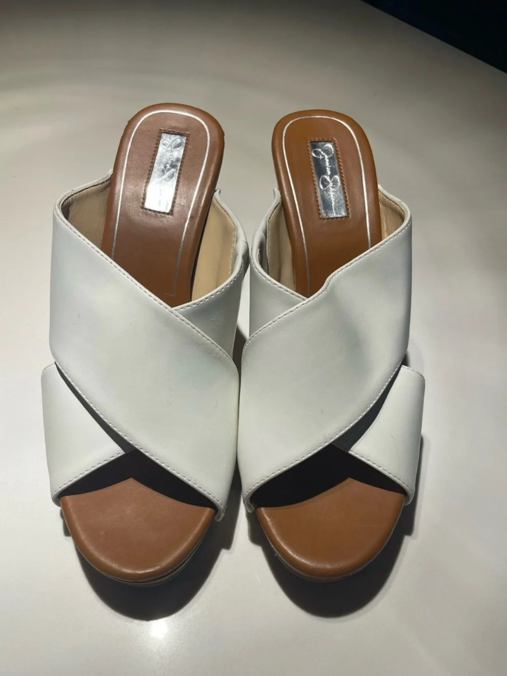 Jessica Simpson White Leather Wedge Slide Sandals with Wood-Look Platform